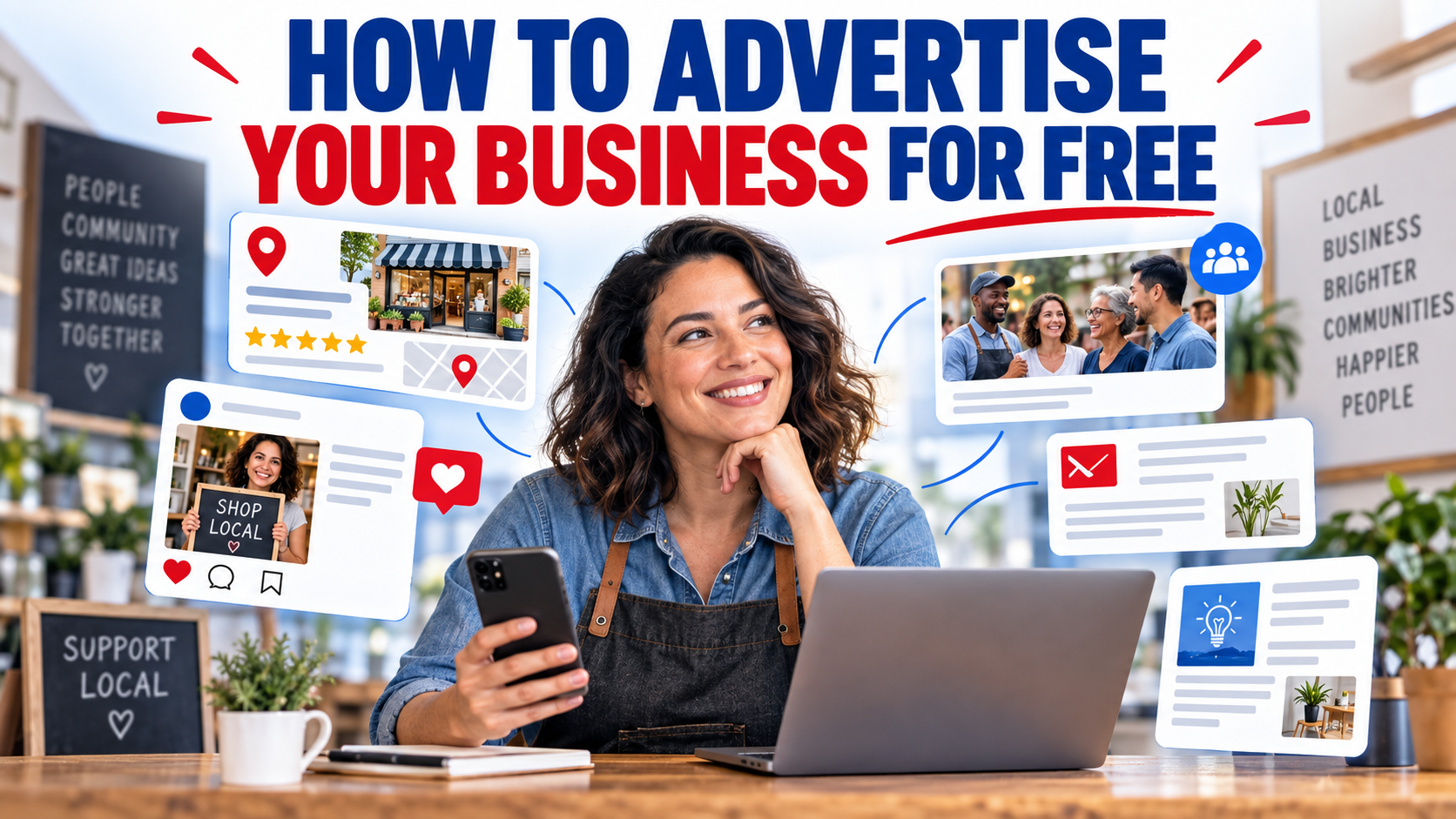 Small-business owner using a phone and laptop, surrounded by images representing free online promotion, local search, social media, email, helpful content, and community connections.